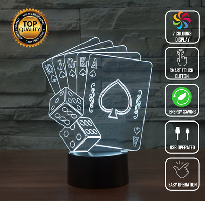 #ad CARDS DECK POKER 3D Acrylic LED 7 Colour Night Light Touch Table Desk Lamp Gift AU $35.00