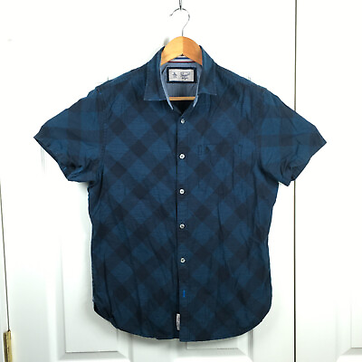 #ad Penguin Shirt Mens Size M Slim Blue Black Plaid Casual Button Up Short Sleeve $11.01