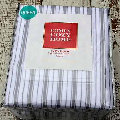 #ad COMFY COZY HOME Cotton Turkish Flannel QUEEN SHEET SET White Gray Stripe $60.00