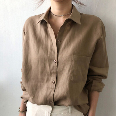 #ad Womens Summer Linen Cotton Button Blouse Tops Casual Collared Long Sleeve Shirts $14.38