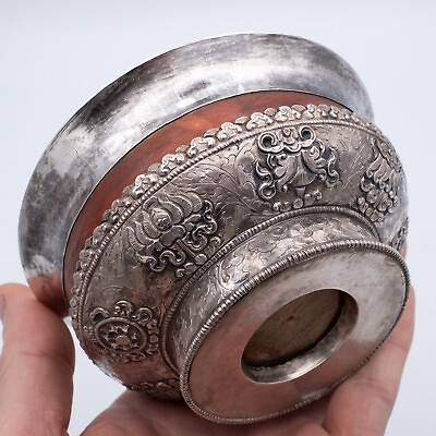 #ad Fine Antique Tibetan Wood and Silver Buddhist Ashtamangala Jha Phor Tsampa Bowl GBP 170.00