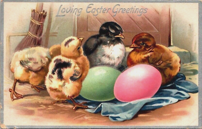 #ad Antique Raphael Tuck Postcard Loving Easter Greetings Chicks Eggs Embossed 1910 $7.96