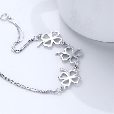 #ad Silver SP Flower 4 Clover Womens Charm Double Chain Bangle Bracelet $8.99