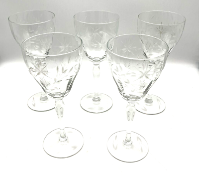 #ad Five Elegant VTG Etched Crystal Glass Stem Optic Panel 10 oz Water Wine Glass $44.95