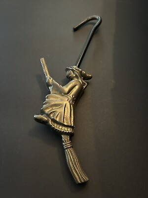 #ad Vintage Brass Witch on Broomstick Fireplace Damper Hook $45.00