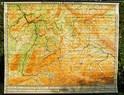 #ad School Wall Map South Germany Bavaria Baden Munich Alps 1955 90 7 8x72 13 16in $225.07