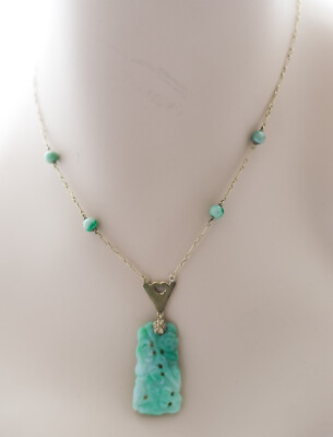 #ad Vintage Deco Jade Jadeite 14K Gold Necklace $467.50