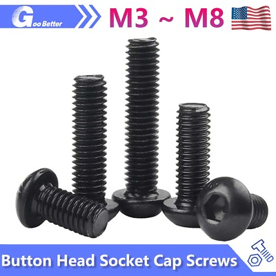 #ad M3 M4 M5 M6 M8 Button Head Socket Cap Screws 12.9 Steel Black Ox ISO 7380 Bolts $16.09
