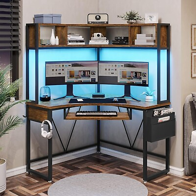 #ad Corner Desk with Keyboard Tray Small Computer Desk with Hutch amp; LED Lights $145.97