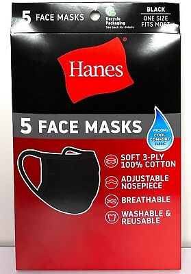 #ad 5 Pack Hanes Face Masks Black Cotton Reusable Cover Face mask Cloth Facemask $6.99