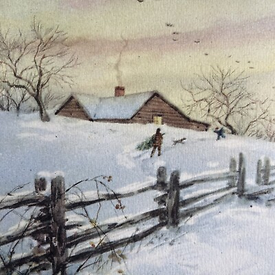 #ad Vintage Mid Century Christmas Greeting Card Log House Snow Fence Chimney Smoke $13.50