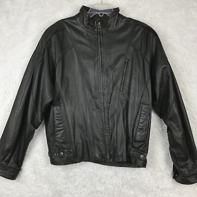 #ad Chia Mens Jacket Leather Black Full Zip Pockets Motorcycle Long Sleeve Hip L $50.99