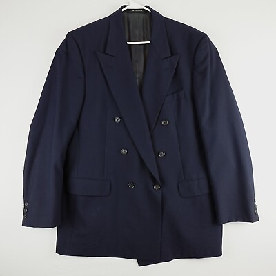 #ad VTG Burberry#x27;s Men Suit Jacket 46L Navy Double Breast Wool Peak Lapel Lined Flaw $44.99