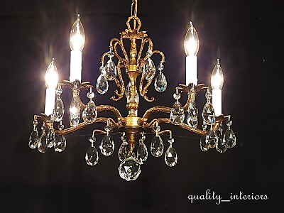 #ad ANTIQUE French Brass 5 Arm 5 Lite PETITE MESMERIZING Cut Lead Crystal Chandelier $650.00