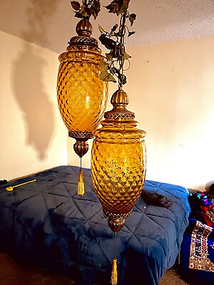 #ad Vintage Swag Lamp Pair Amber Orange Hollywood Regency Antique Light Hanging... $365.00