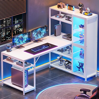 #ad Computer Desk with Storage Shelves 59#x27;#x27; Office Desk with LED Light amp; Bookshelf $179.97