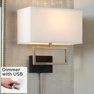#ad Modern Wall Lamp USB Port Nickel Plug In 12quot; Fixture Fabric Shade for Bedroom $139.98