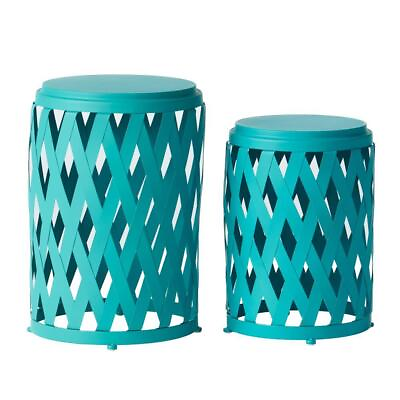 #ad Noble House Outdoor Stackable Side Table 22quot; x 14quot; Iron Frame Round Matte Teal $115.12