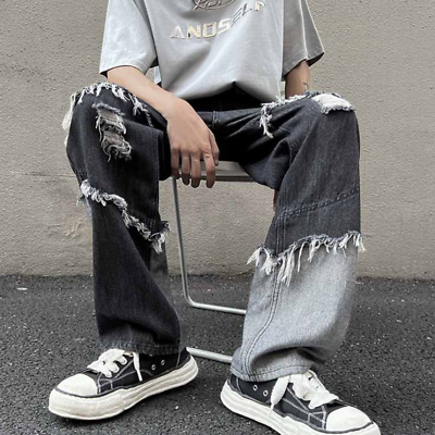 #ad American Tassel Jeans Men#x27;s Harajuku Loose Patchwork Street Casual Ripped Pants $28.33