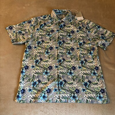 #ad Tommy Bahama Island Zone Shirt Silk Blend Mens Medium Blue Hawaiian Flowers NEW $55.00