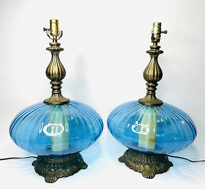 #ad Pair Of Mid Century Modern Double Lighted Glass Orb Blue Vintage Lamps $549.00