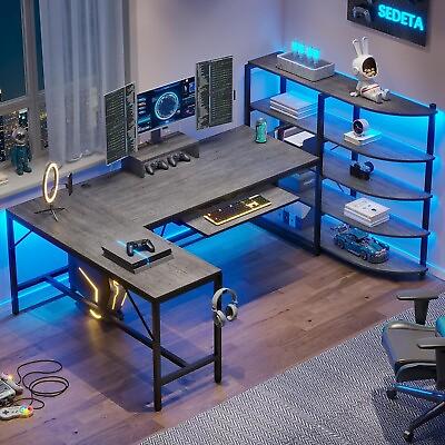 #ad L Shaped Computer Desk 63#x27;#x27; U Shaped Office Desk with Keyboard Tray amp;LED Lights $139.97