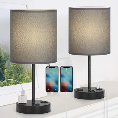 #ad USB Table Lamp 2 USB Charging Ports Metal Nightstand Lamp with Grey Lampshade $44.99