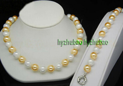 #ad 10 12mm Gold amp; White South Sea Shell Pearl Round Beads Necklace Bracelet Set AAA $6.60