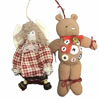 #ad Primitive Rustic Country Christmas Ornaments W Buttons Angel amp; Bear Farmhouse $7.92