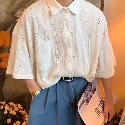 #ad Japanese Shirt Men#x27;s Summer Vintage Hollow Out Short Sleeve Thin Casual Shirts $24.02