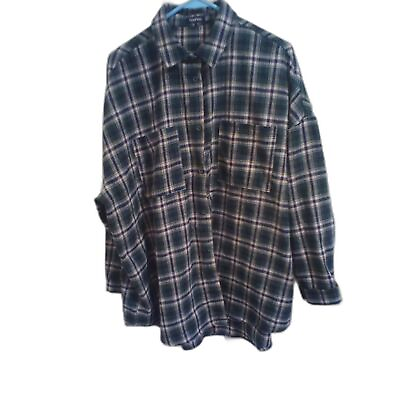 #ad BOOHOO Women Plaid FLANNEL Shirt Green Beige Check Long Sleeve Women Size L $12.99