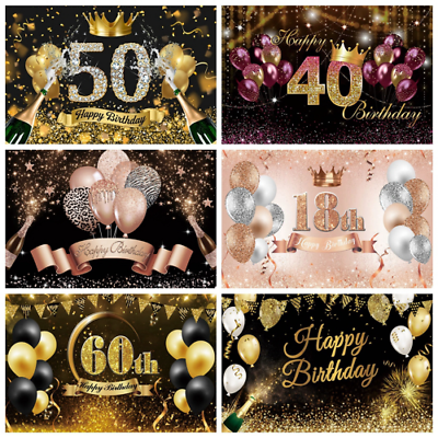 #ad Happy Birthday Party Decor Backdrop Glitter Golden Balloon Wedding Customize $11.90