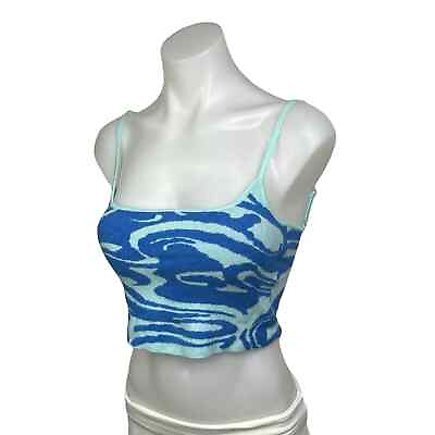 #ad Blue Blush Tie Dye Marble Swirl Print Spaghetti Strap Cami Crop Sweater Top Sz S $14.99
