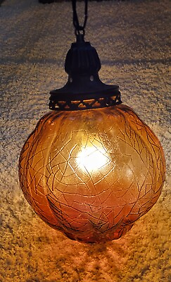 #ad Vtg Swag Lamp Amber Crackle Glass Hanging Light Fixture Pendant 33 1 2quot; DIA $180.00