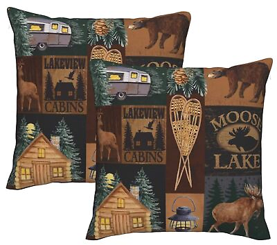 #ad Set of 2 Square 18x18 inch Throw Pillow Covers Rustic Lodge Bear Moose Deer D... $25.49