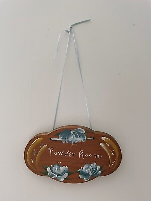 #ad Powder Room Wood Sign Plaque Ribbon Cottage Painted Floral Decor Gift Home Blue $19.00