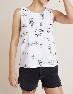 #ad New By Anthropologie M Avery Muscle Tank Top Sleeveless Shirt White Paris Stamps $22.99