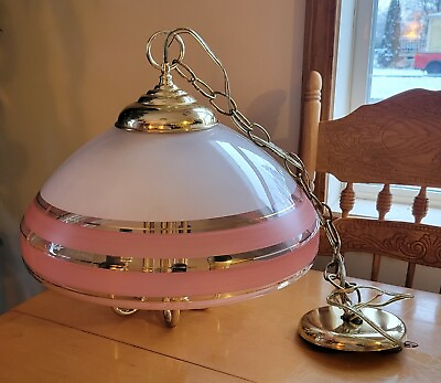 #ad #ad Vintage Art Deco Ceiling Light Chandelier Frosted Glass Hanging Pink And White $265.00