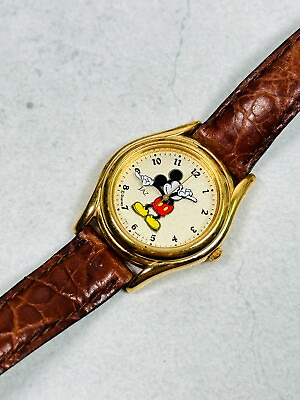 #ad VTG Jaz Disney Watch Mickey Mouse Womens 27mm Gold Tone Brown Band New Battery $24.95