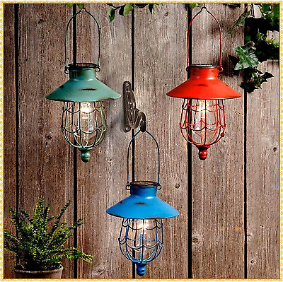 #ad Rustic Distressed Hanging Solar LED Caged Lantern Light Outdoor Decor 3 COLORS $74.98