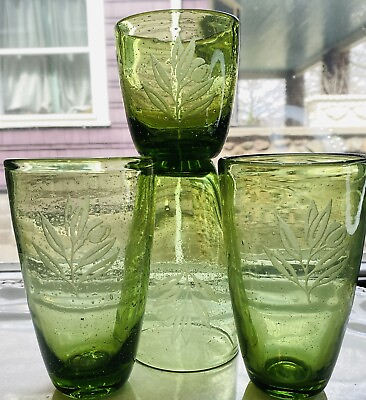 #ad 1970#x27;s Retro Green Grape Drinking Air Bubble Leaf Glass 2 Sizes Barware Set Of 4 $39.99