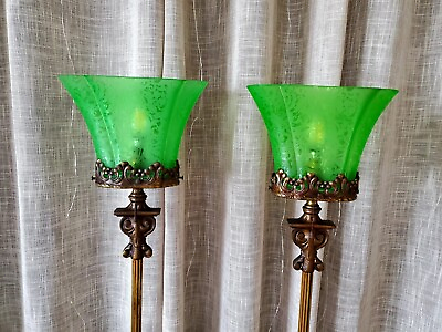 #ad #ad Antique c1920 Art Deco Milcast Onyx Floor Lamp w Green Etched Shades STUNNING $3395.00