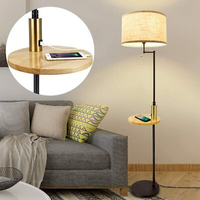 #ad LED Floor Lamp with Table Fabric End Side Table Farmhouse Tall Pole Floor Lamp $86.99