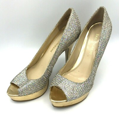 #ad Enzo Angiolini Womens Platform Shoes 5.5 Silver gold Pumps Open toe stiletto $33.00