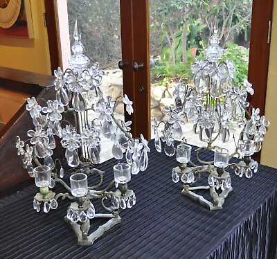 #ad Pair 19th Century Antique French Bronze and Crystal Girandoles Candelabras $1950.00
