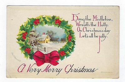 #ad Early 1900#x27;s Signed Clapsaddle Christmas Postcard Wreath With Winter Scene $14.99