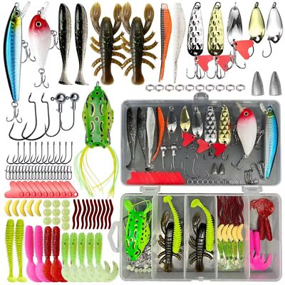 #ad 107 PCS Set Fishing Tackle Box Full loaded Accessories Hooks Lures Baits Worms $19.99