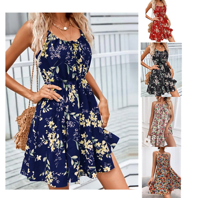 #ad Women#x27;s Dress Summer Elegant Sleeveless Print Elastic Waist Halter Beach Skirt $24.26