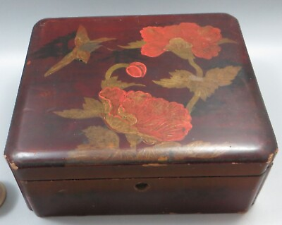#ad Vintage Lacquered Japanese Box Red Burgundy Bird amp; Flowers 17x19.5cm GBP 29.99