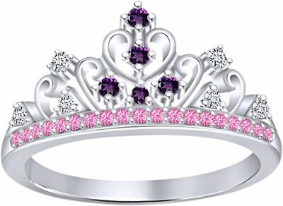 #ad Round Multi Stone Princess Rapunzel Princess Crown Ring in 14k White Gold Plated $62.66